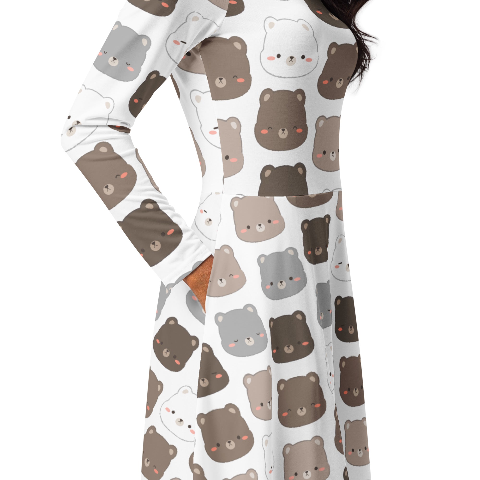 Women’s white long sleeve midi dress with cute brown gray and white bear print and practical pockets