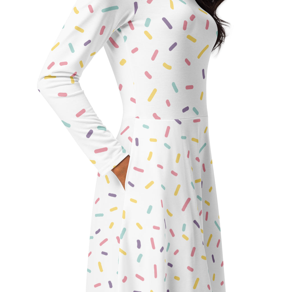 Women’s white long sleeve midi dress with colorful pastel sprinkles and pockets perfect for casual wear