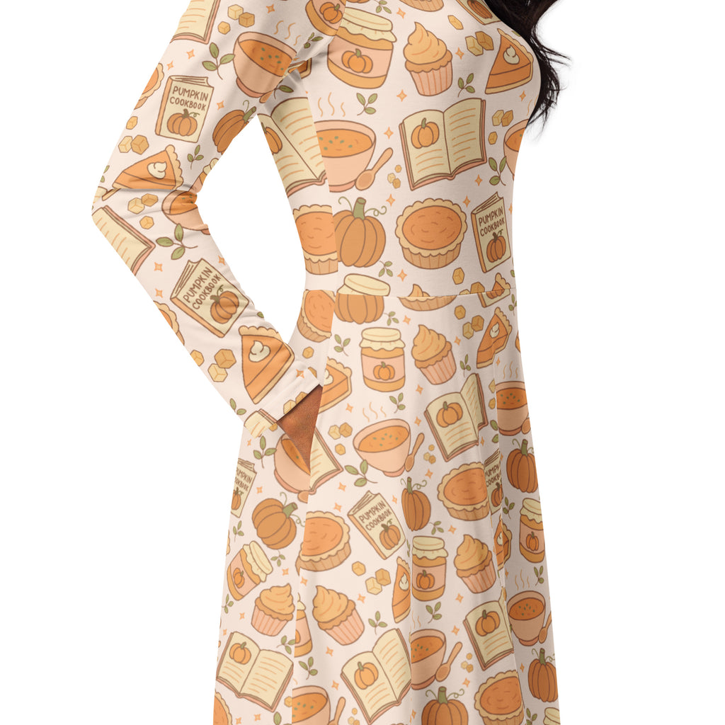 Women’s cream long sleeve midi dress with pockets featuring an autumn pumpkin pie pattern in warm orange tones