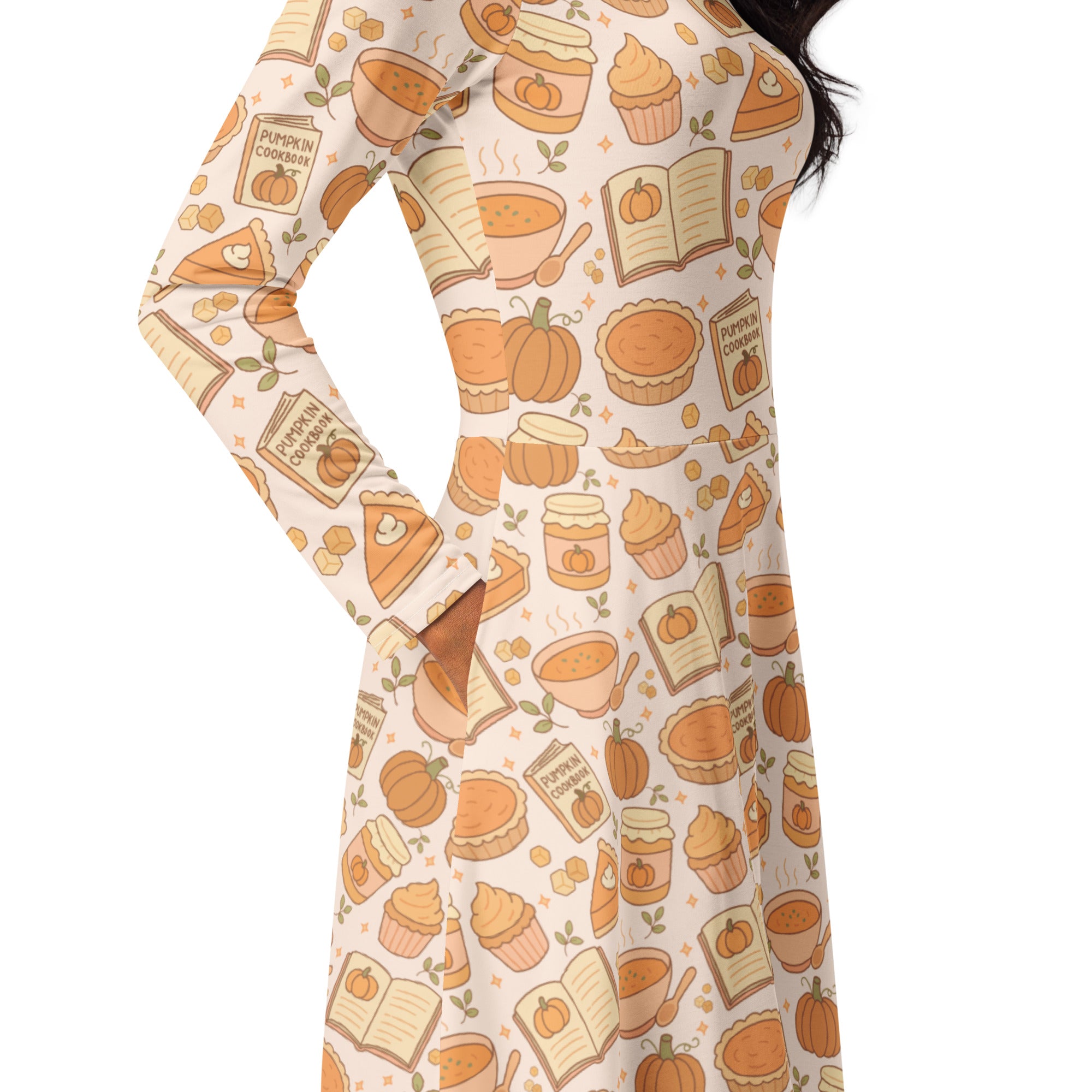 Women’s cream long sleeve midi dress with pockets featuring an autumn pumpkin pie pattern in warm orange tones