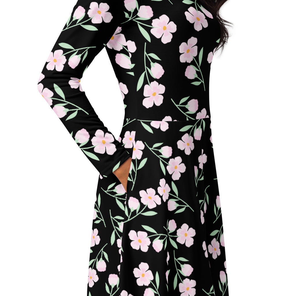 Women’s black floral long sleeve midi wrap dress with delicate pink flowers green leaves and pockets