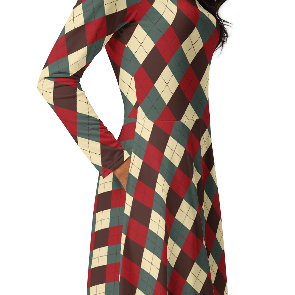 A woman wearing a women’s Christmas argyle long sleeve midi dress with pockets in red green and cream colors