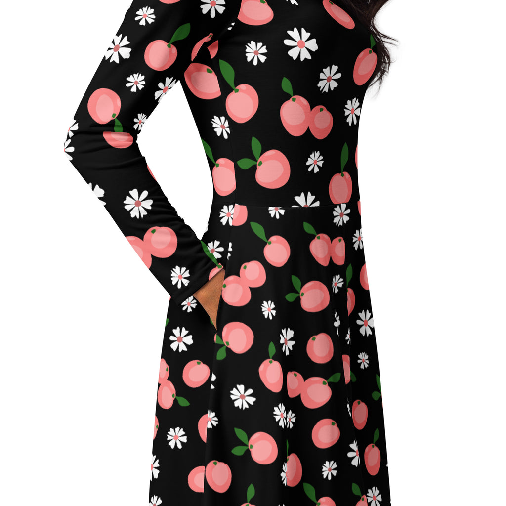 Women’s peach blossom black long sleeve midi dress with pink cherries white daisies and pockets