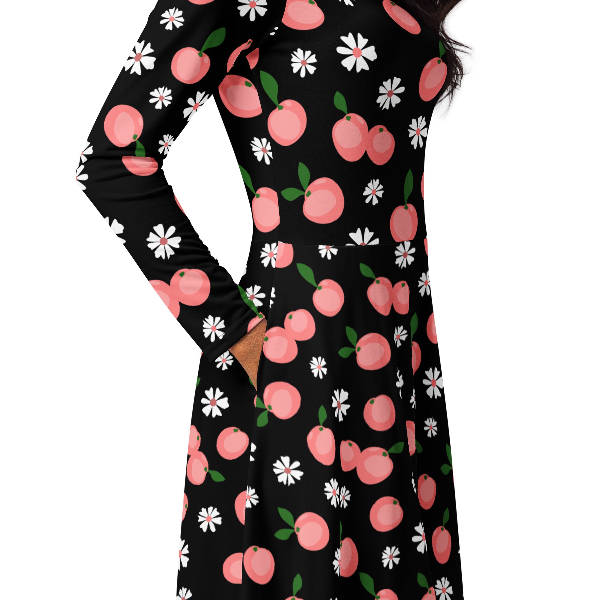 Women’s peach blossom black long sleeve midi dress with pink cherries white daisies and pockets