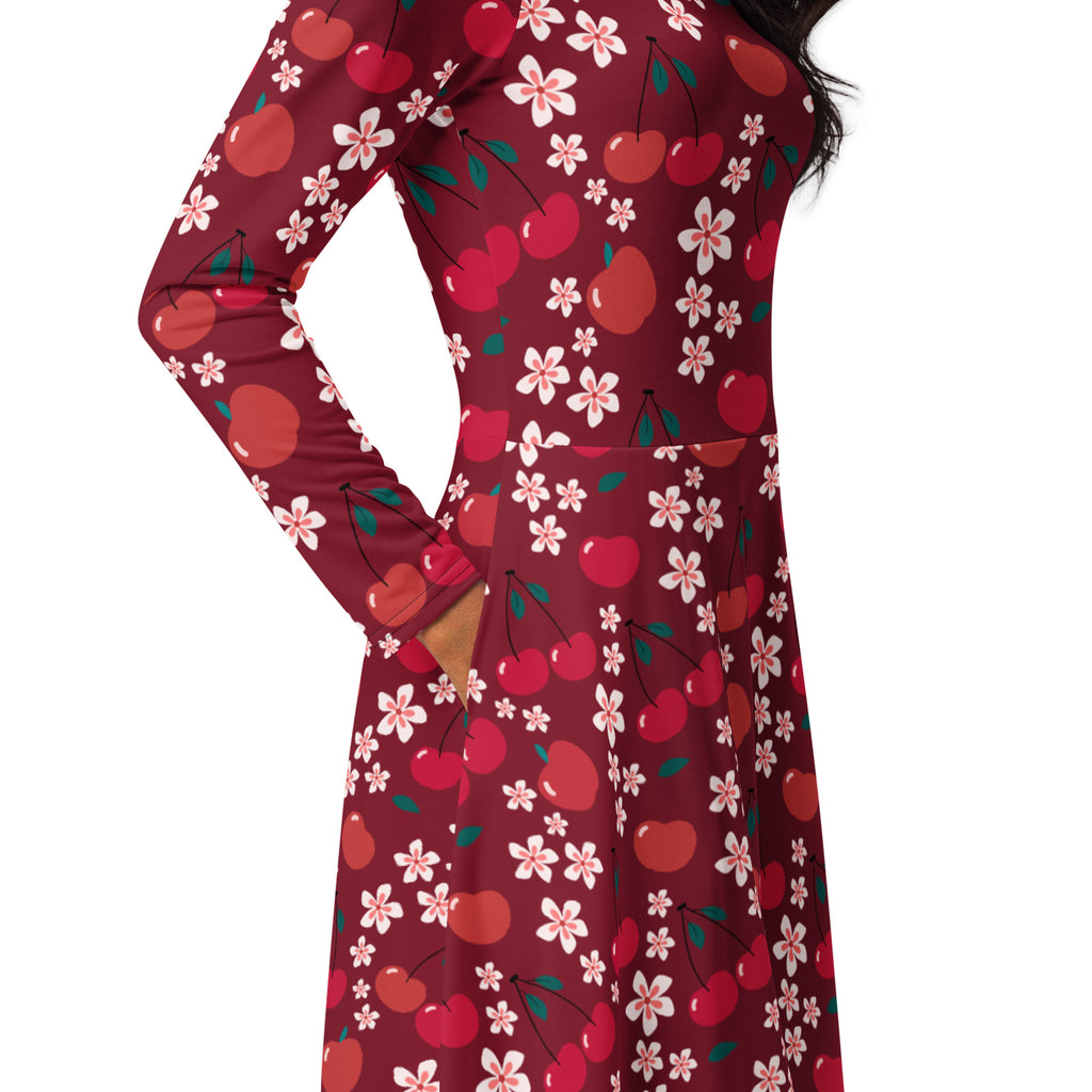 Women’s cherry blossom long sleeve midi dress in maroon with red cherry and pink flower pattern and pockets