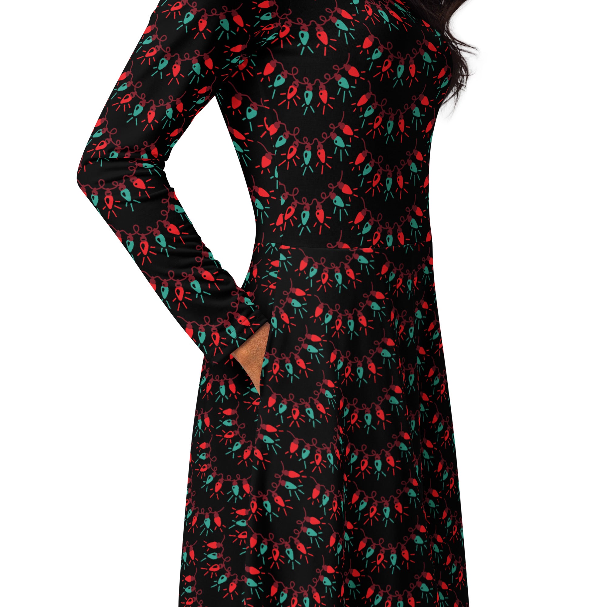 Women’s black long sleeve midi dress with pockets featuring a festive red and teal christmas lights pattern