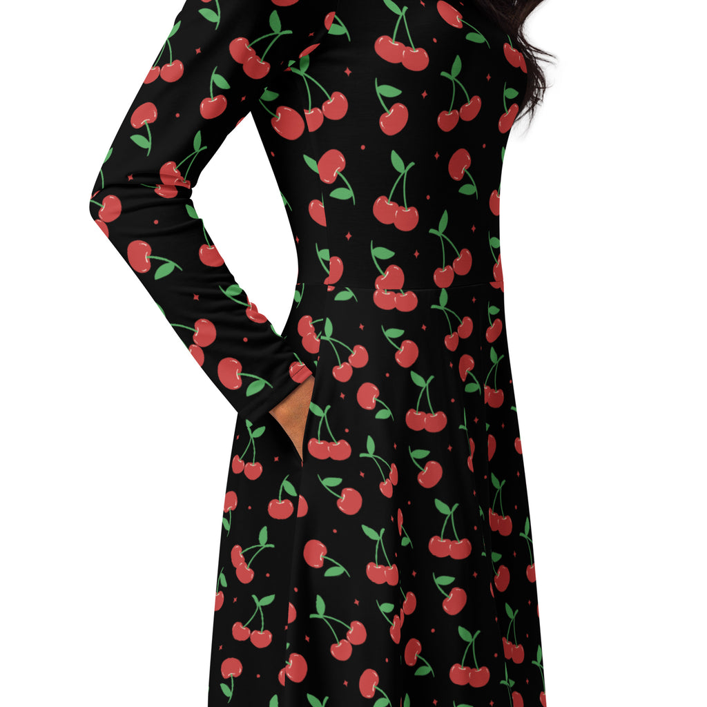 Women’s black long sleeve midi dress with red cherry pattern green stems and convenient pockets for casual wear