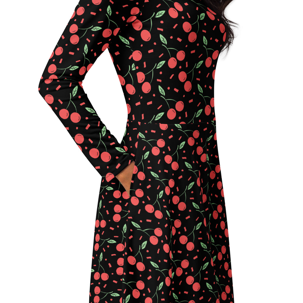 Women’s vintage black long sleeve midi dress with red cherry pattern green stems and pink confetti shapes with pockets