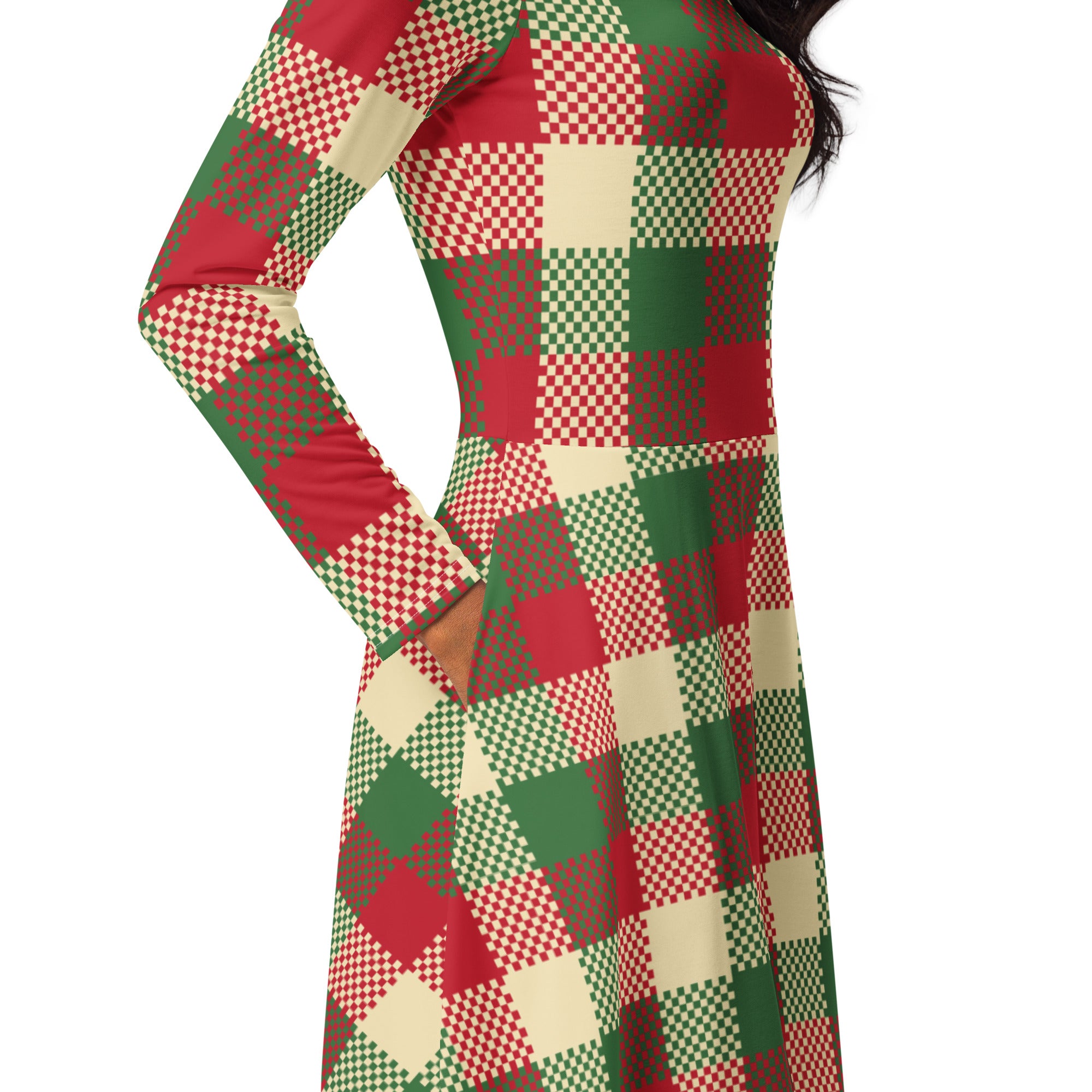 Women’s christmas plaid long sleeve midi dress with pockets featuring bold red green and cream patchwork checkered squares