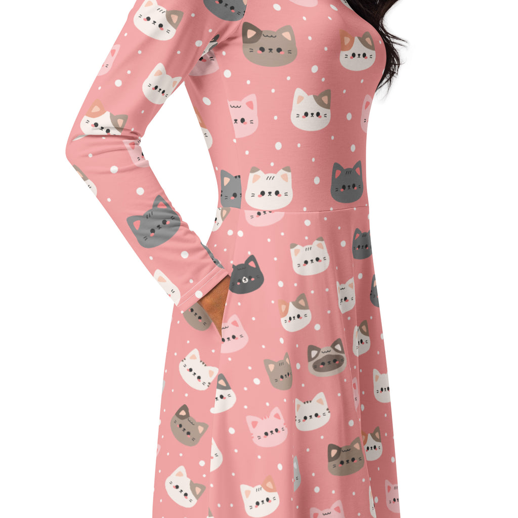 Women’s cute pink long sleeve midi dress with playful gray white and pink cartoon cat faces and pockets