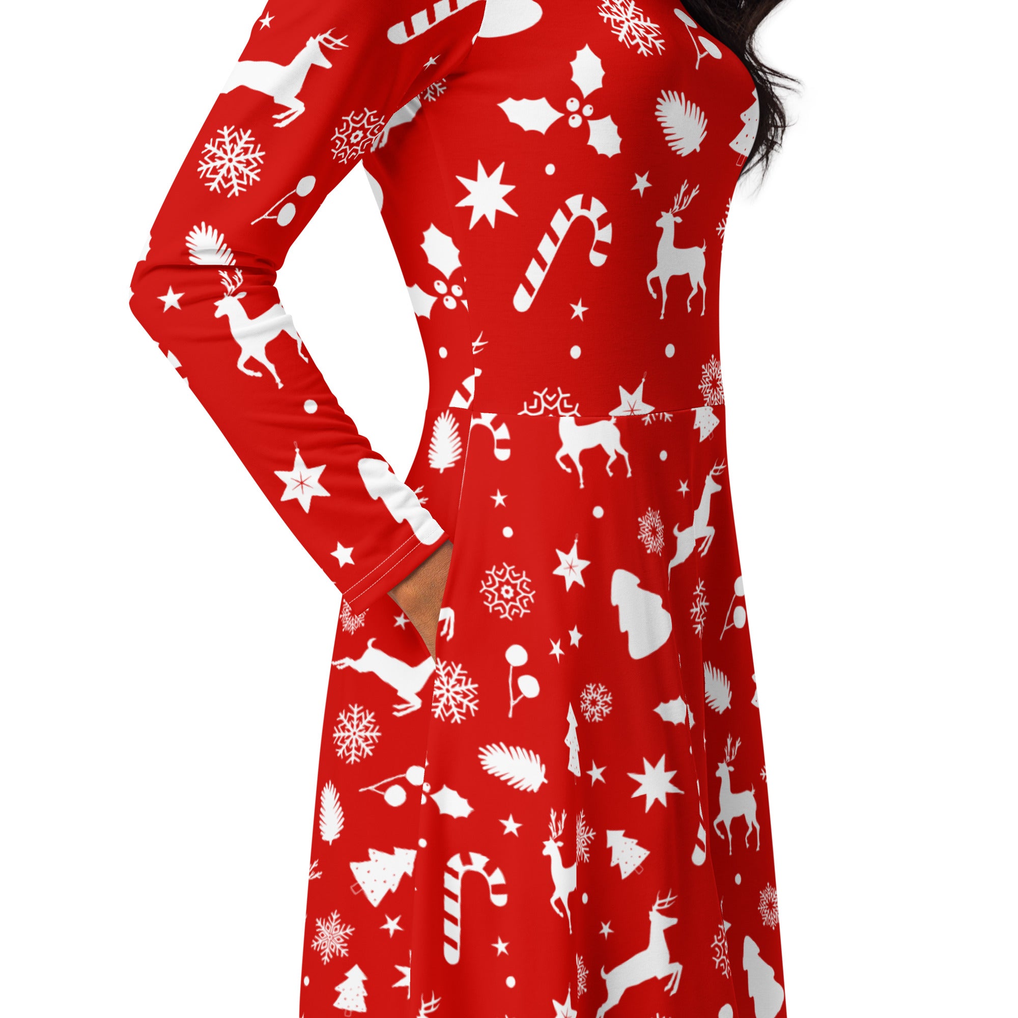 Women’s red christmas long sleeve midi dress with pockets featuring white reindeer candy canes snowflakes and holly patterns