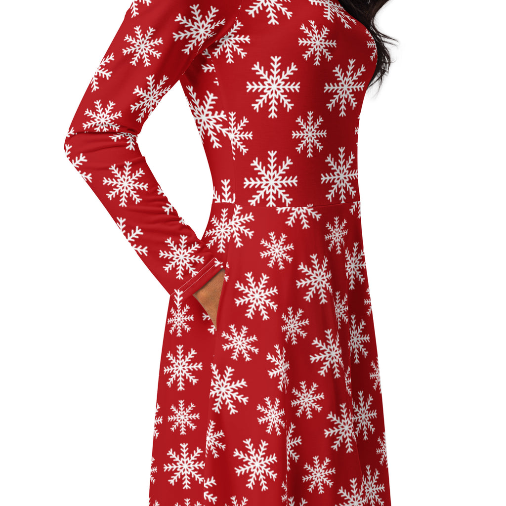 Women’s red christmas snowflake long sleeve midi dress with pockets featuring a white snowflake pattern