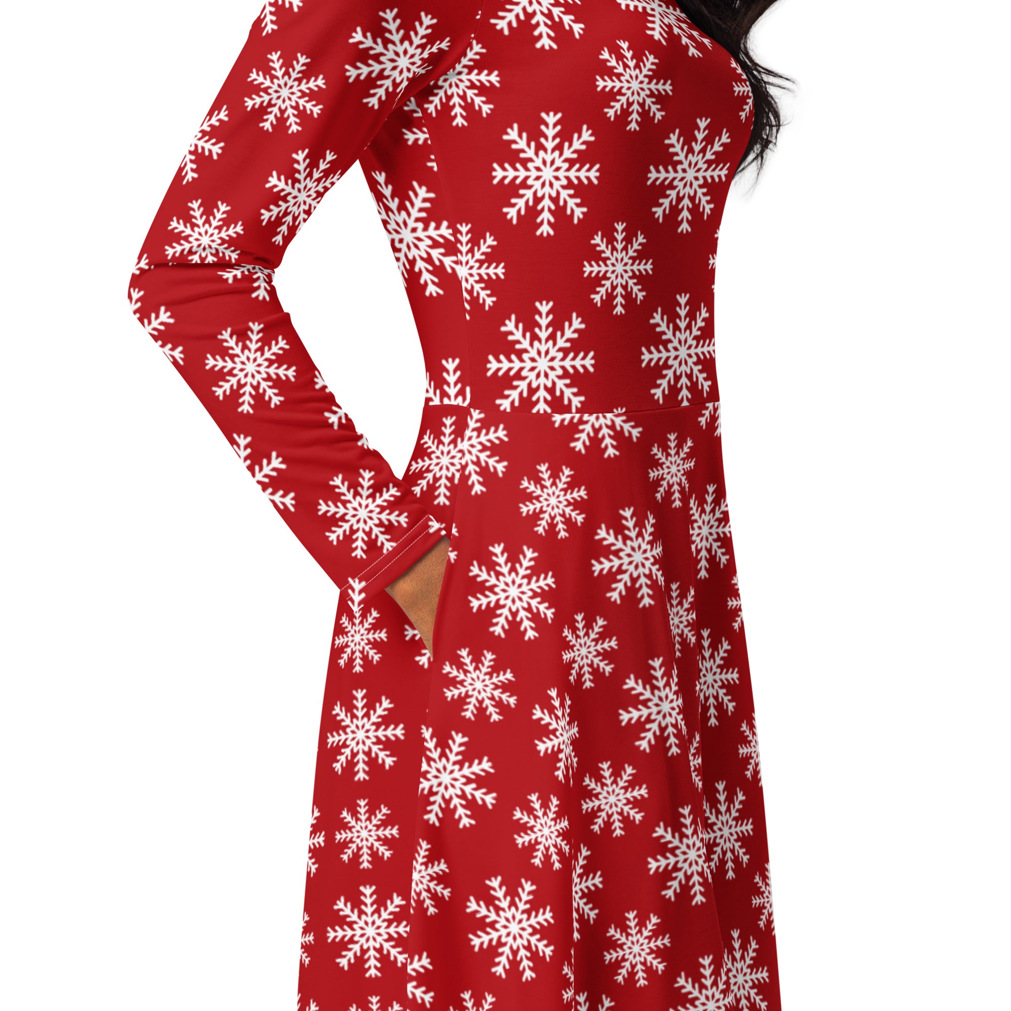 Women’s red christmas snowflake long sleeve midi dress with pockets featuring a white snowflake pattern