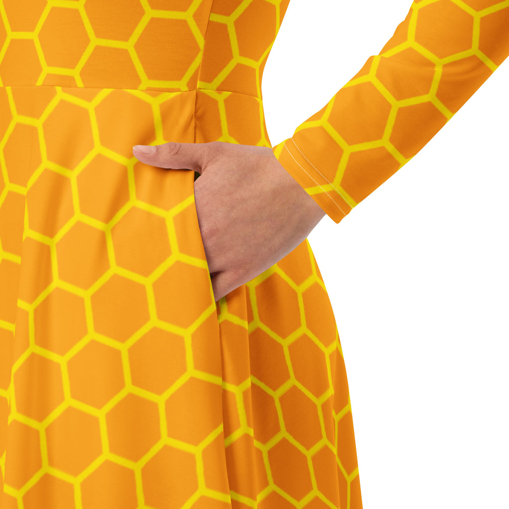 Women's Honeycomb Long Sleeve Midi Dress With Pockets