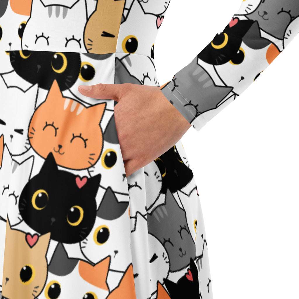 Women's Cat Face Long Sleeve Midi Dress With Pockets