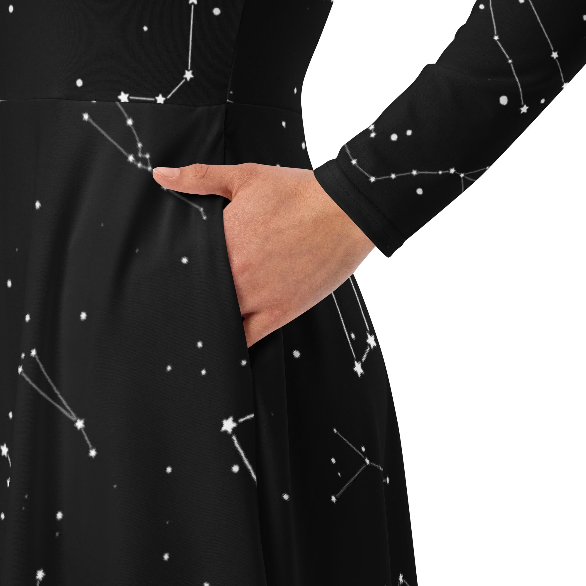 Women’s black long sleeve midi dress with white star and constellation patterns and functional pockets