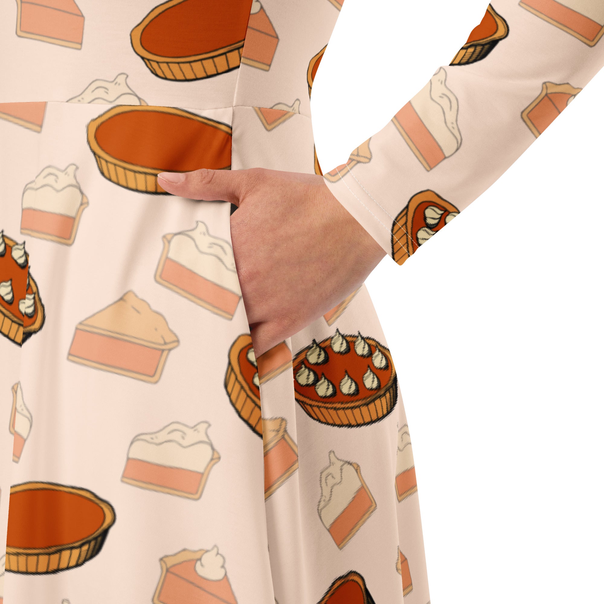 Women’s pumpkin pie thanksgiving long sleeve midi dress in soft pink with playful orange and beige pie pattern and pockets