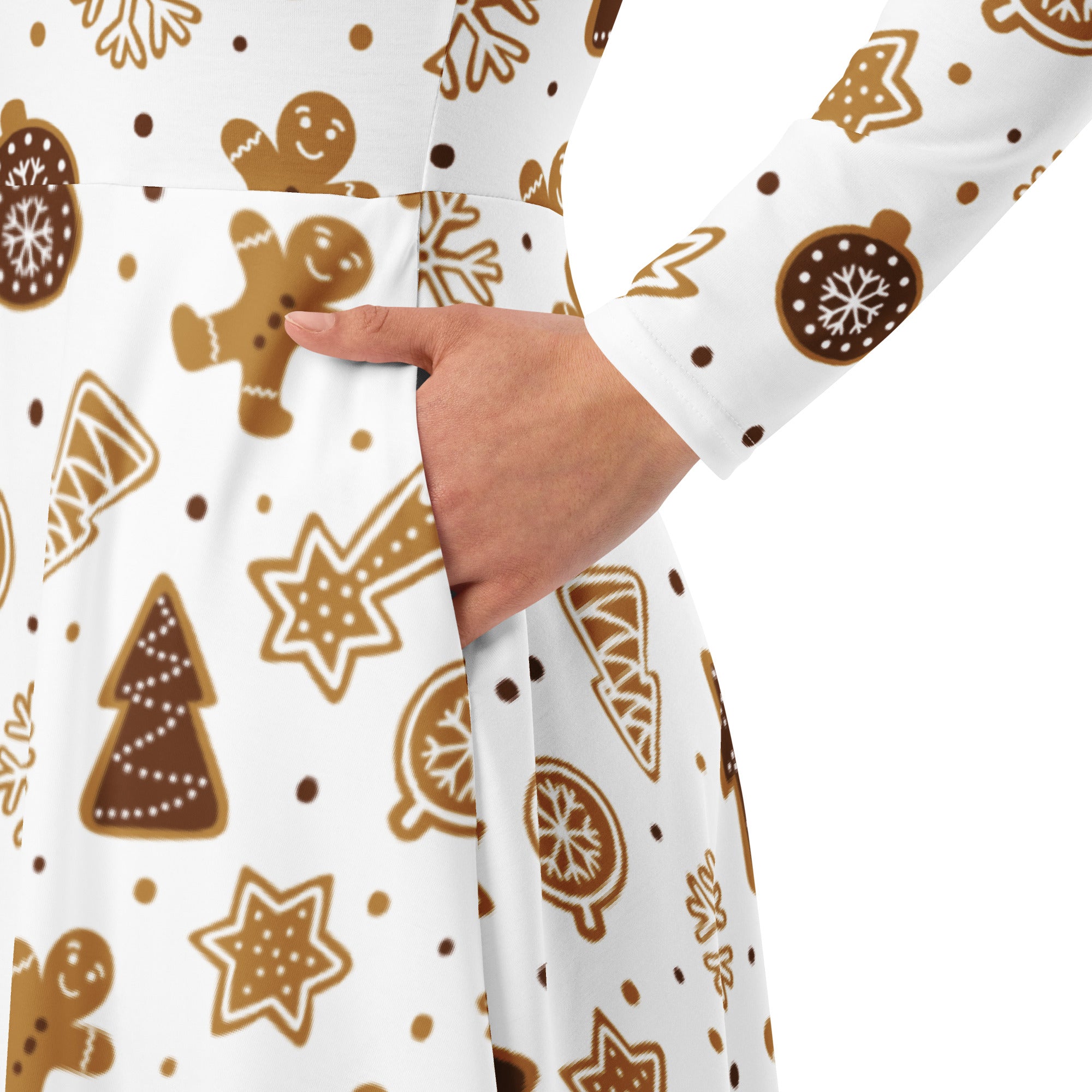White long sleeve midi dress with festive gingerbread cookies snowflakes stars and pockets for women