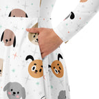 Women's Dog Face Long Sleeve Midi Dress With Pockets