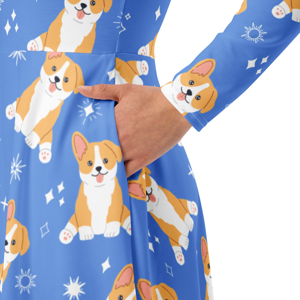 Women's Blue Corgi Dog Long Sleeve Midi Dress With Pockets