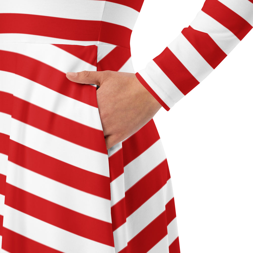 Women’s red and white striped long sleeve midi dress with side pocket made from soft comfortable fabric