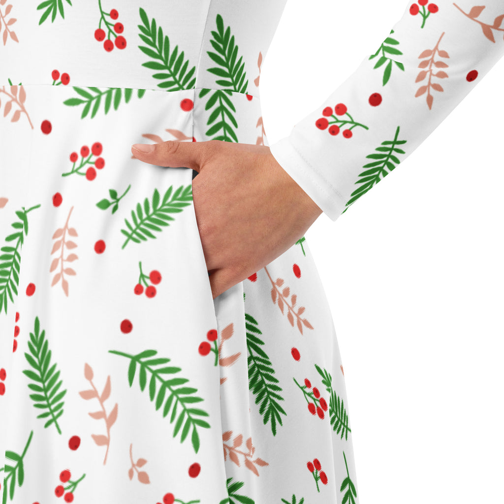 Women’s white christmas holly long sleeve midi dress with pockets featuring green blush pink leaves and red berries festive pattern