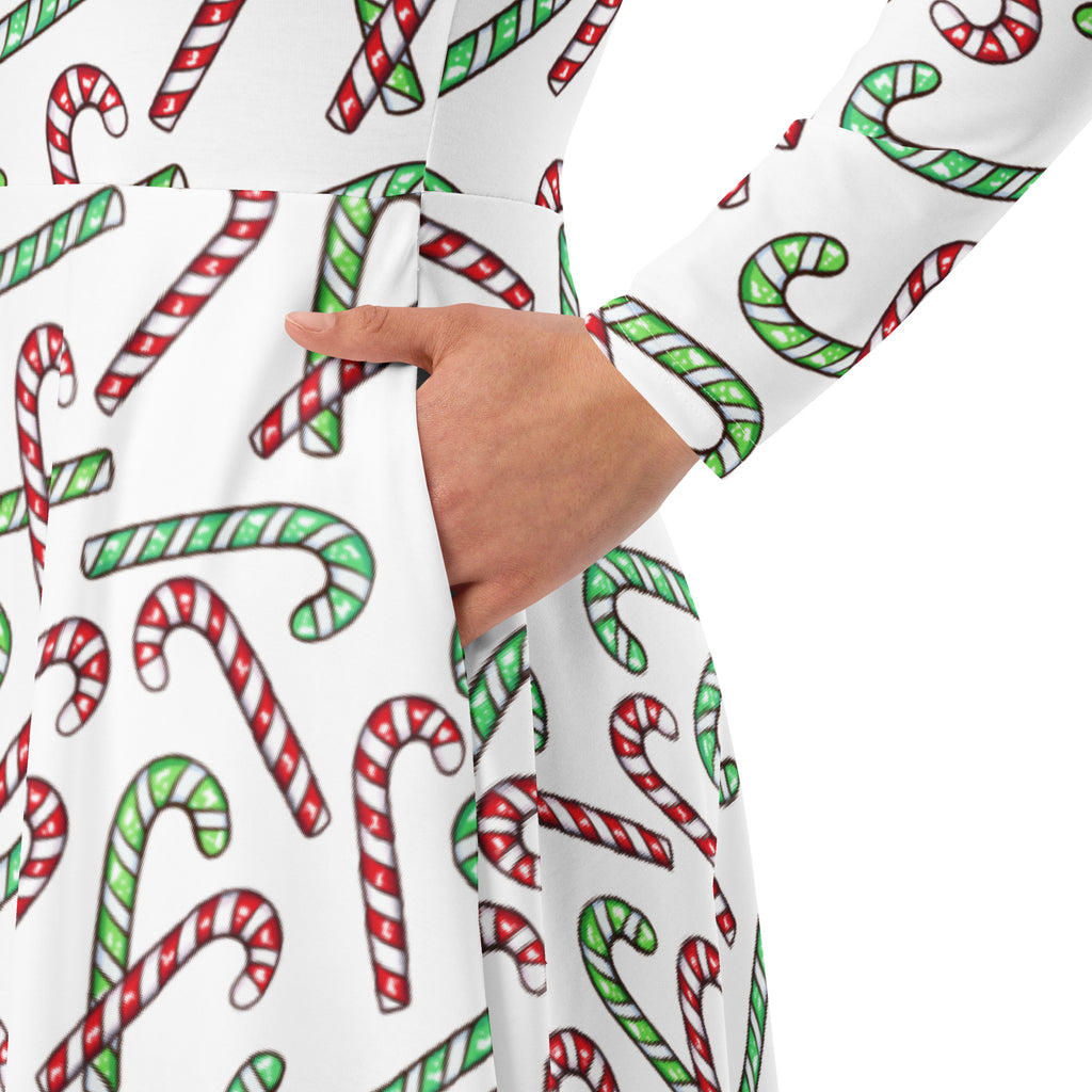 Women's Red & Green Candy Cane Christmas Long Sleeve Midi Dress With Pockets