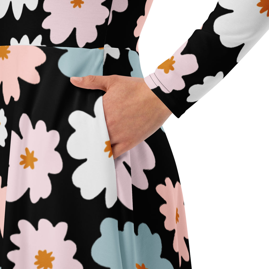 Women’s retro floral long sleeve black midi dress with vibrant pink white and blue flowers and orange centers with pockets