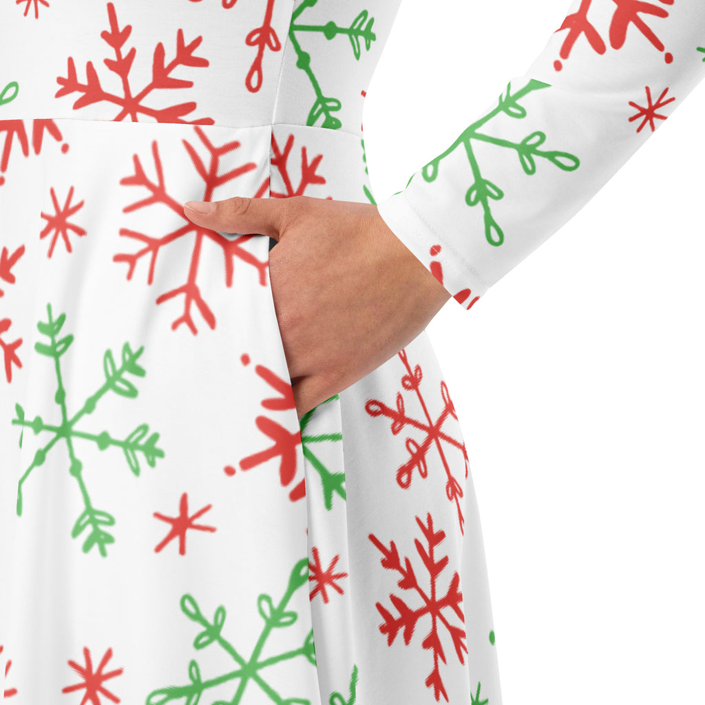 Women’s white midi dress with red and green snowflake patterns long sleeves and pockets for Christmas wear
