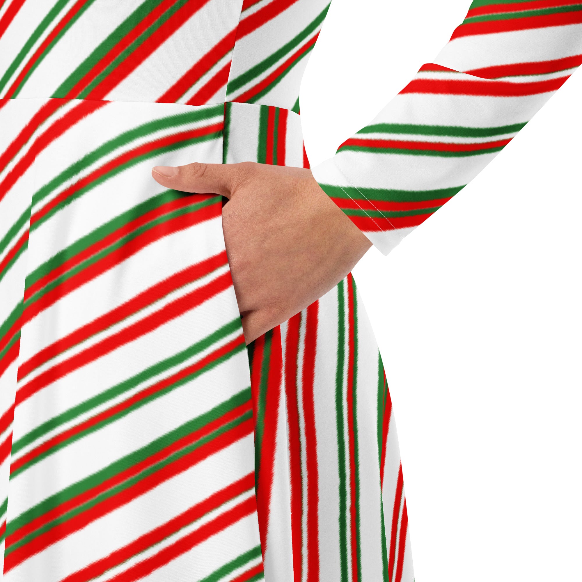 Women’s candy cane stripe long sleeve midi dress with pockets featuring festive diagonal red green and white stripes