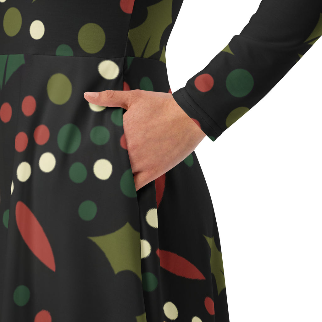 Women’s dark holly berry long sleeve midi dress with pockets featuring a black festive polka dot and olive leaf pattern