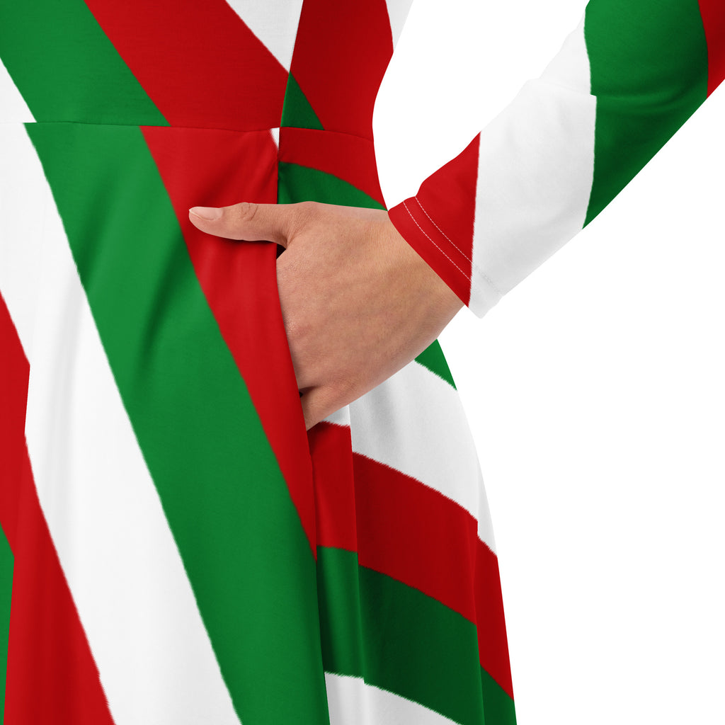 Women’s christmas candy cane stripe long sleeve midi dress with bold red green and white diagonal stripes and pockets