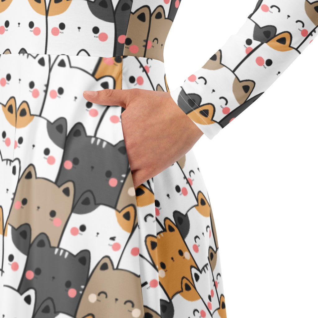 Women's Kawaii Cat Long Sleeve Midi Dress With Pockets