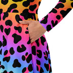 Women's Rainbow Leopard Long Sleeve Midi Dress With Pockets