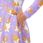 Women's Purple Corgi Dog Long Sleeve Midi Dress With Pockets