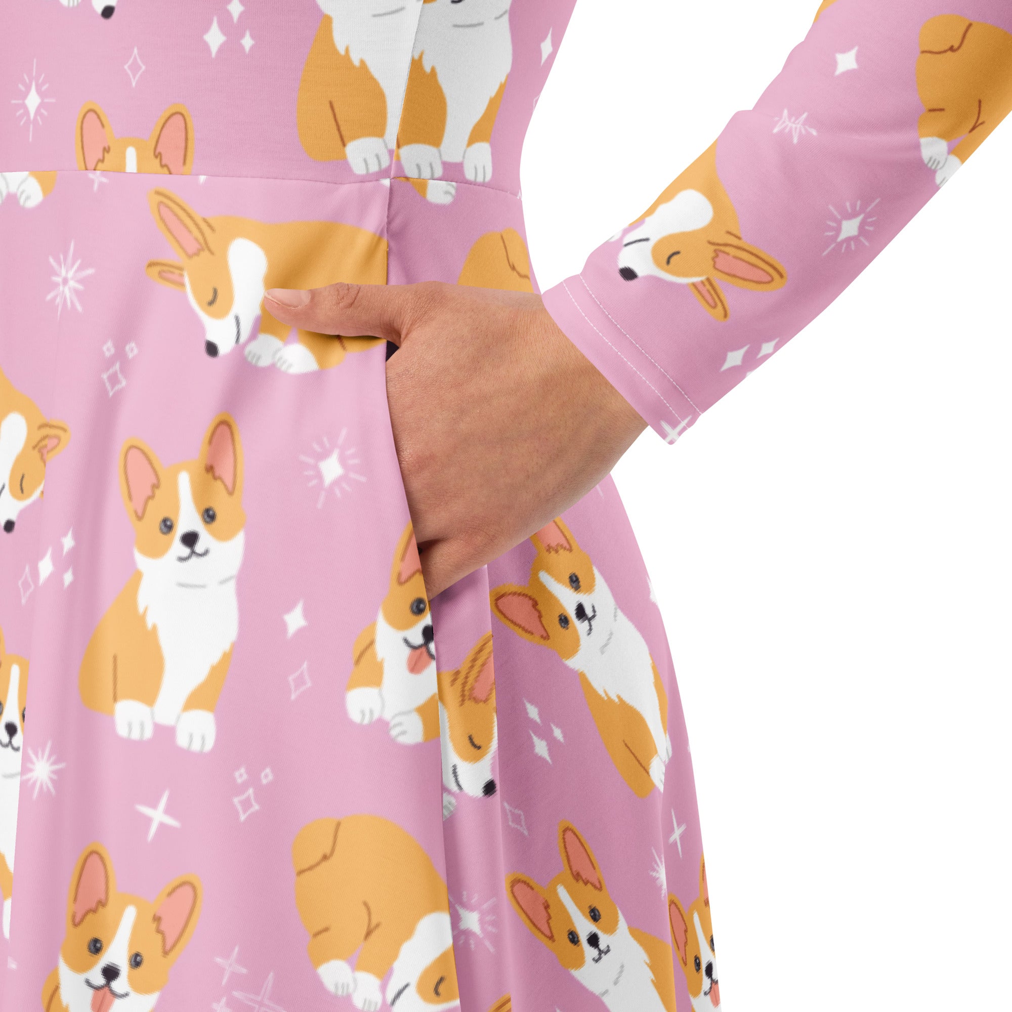 Women's Pink Corgi Dog Long Sleeve Midi Dress With Pockets