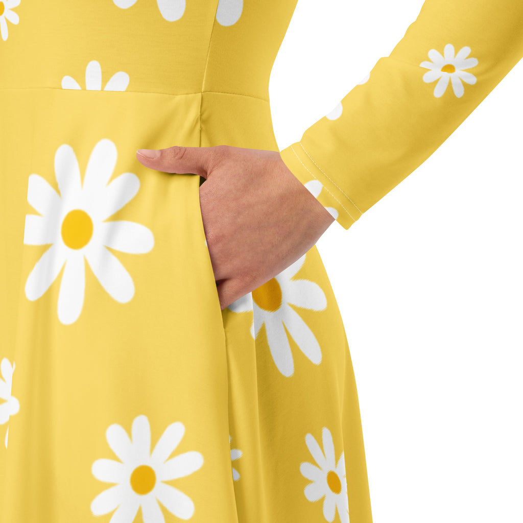 Women's Yellow Daisy Long Sleeve Midi Dress With Pockets