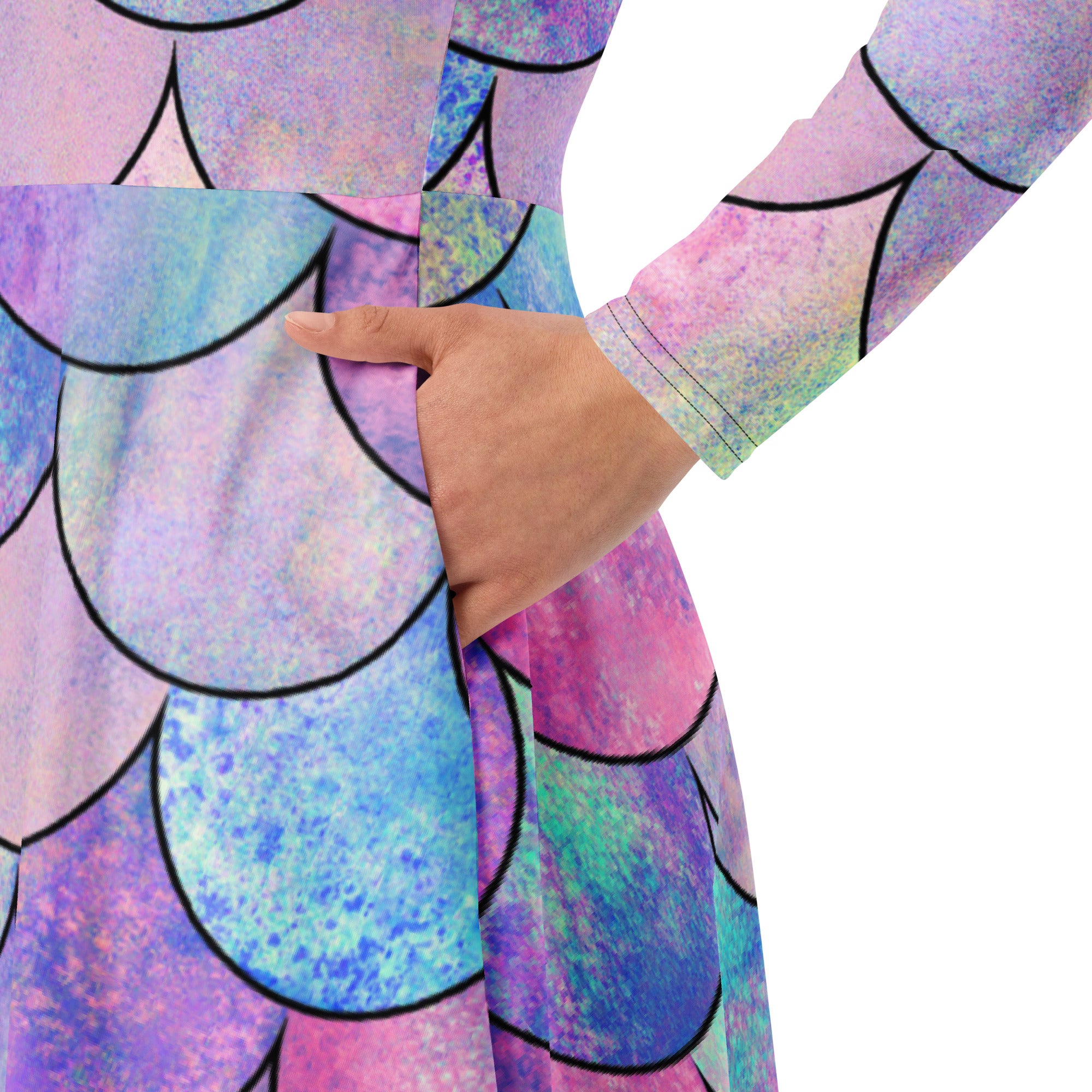 Women's Pastel Mermaid Long Sleeve Midi Dress With Pockets