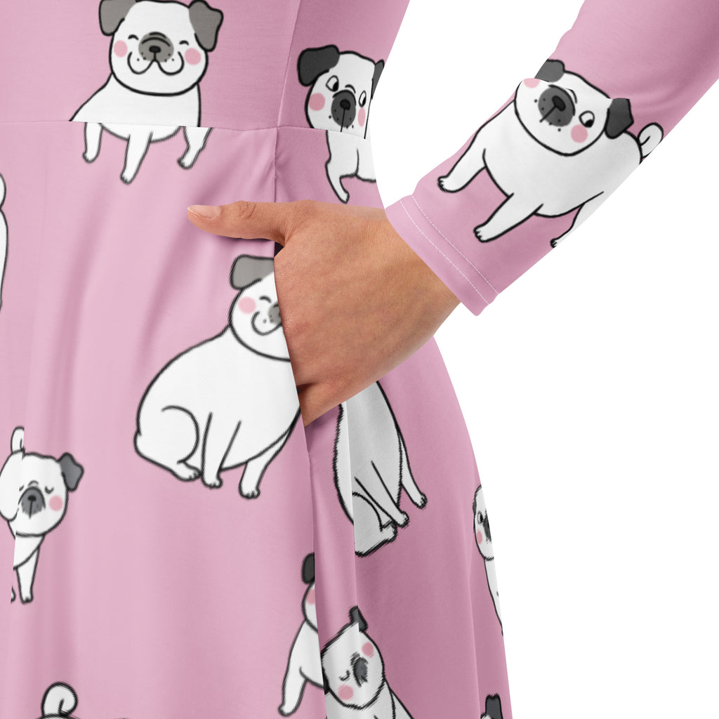 Women’s pink pug long sleeve midi dress with playful cartoon print and pockets in soft fabric for casual wear