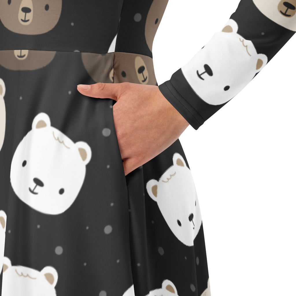 Women’s black long sleeve midi dress with pockets featuring white and brown cartoon bear faces pattern
