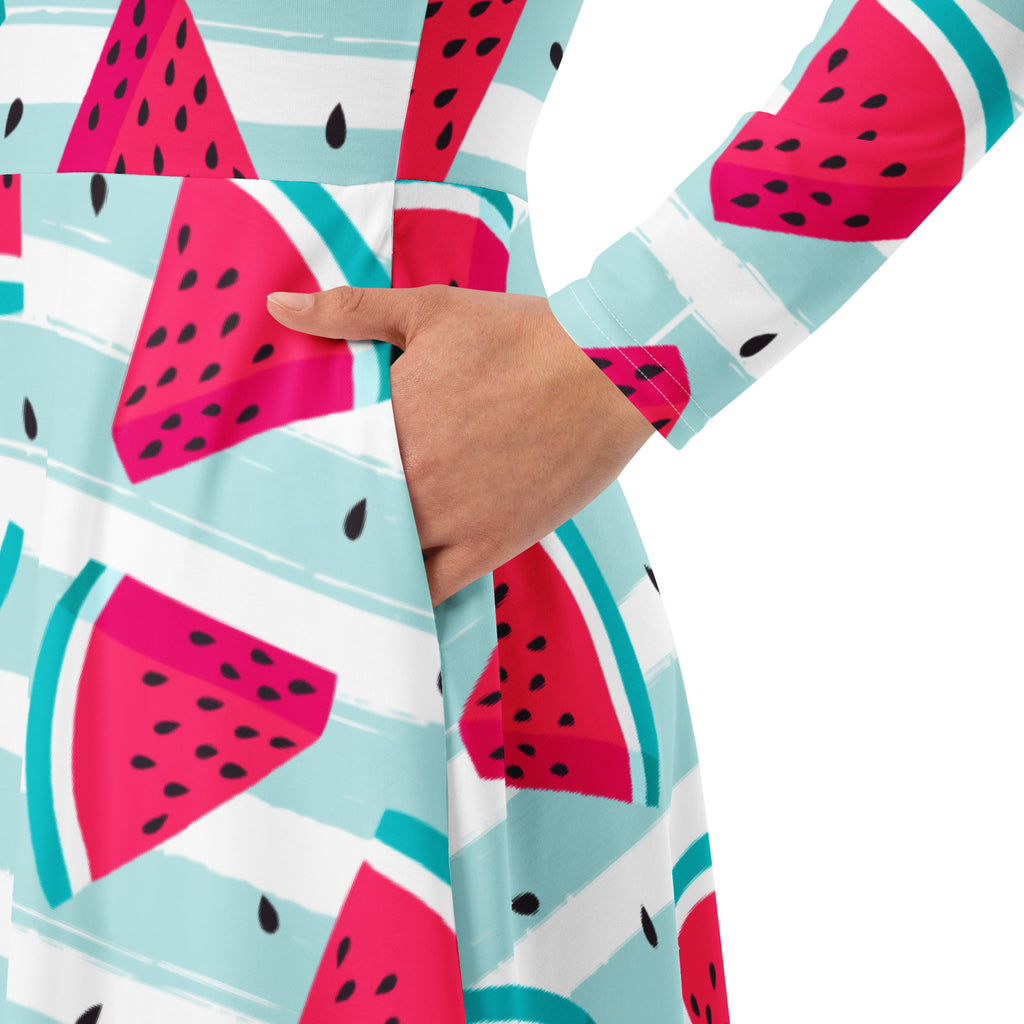 Women’s long sleeve midi dress with pockets featuring a vibrant striped watermelon print in bright pink teal and white