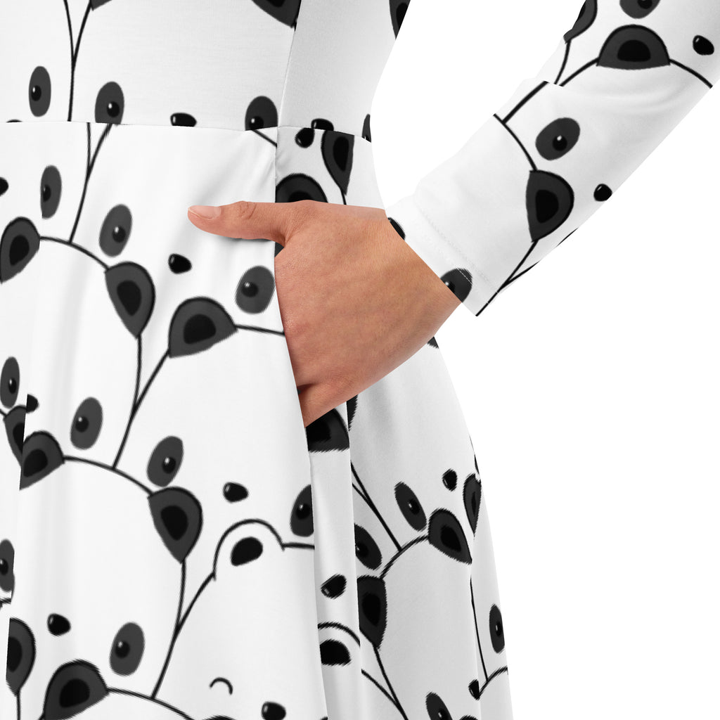 Women’s white long sleeve midi dress with pockets featuring playful black panda face print and dot details