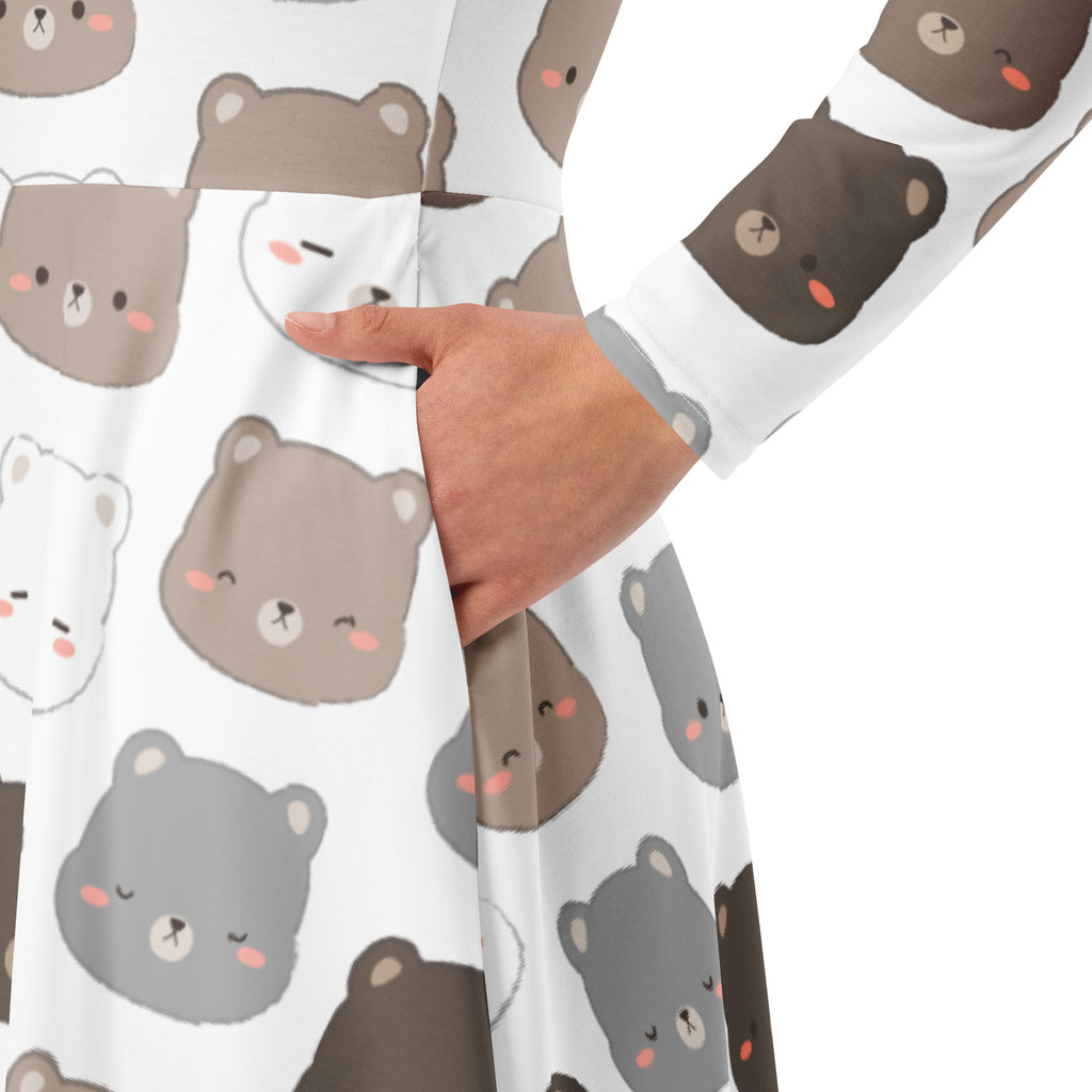 Women’s white long sleeve midi dress with pockets featuring playful cartoon bear print in brown gray and black with rosy cheeks