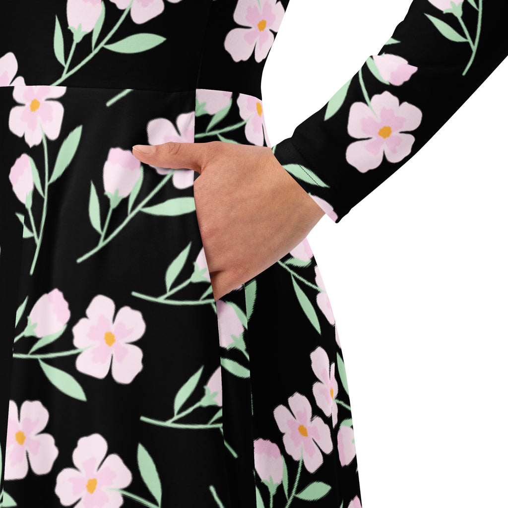 Women’s black floral long sleeve midi dress with pink flowers light green leaves and functional pockets
