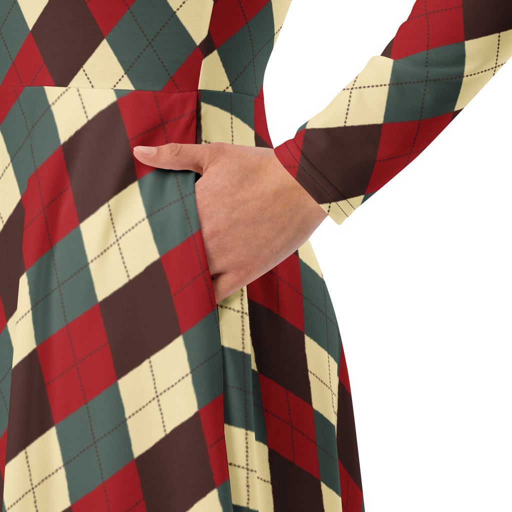 A woman wearing a women’s Christmas argyle long sleeve midi dress with pockets in red dark green and cream diamonds