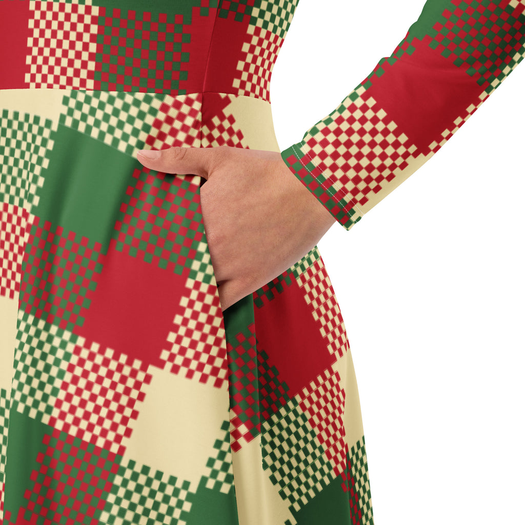 Women’s christmas plaid long sleeve midi dress with pockets in festive red green and cream pixelated plaid pattern
