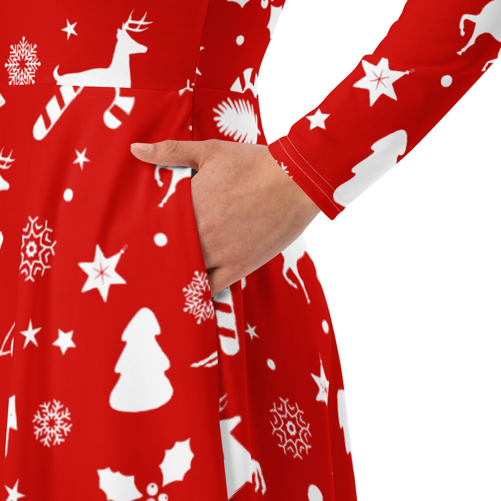 Women’s red christmas long sleeve midi dress with pockets featuring white reindeer snowflakes stars candy canes and holly patterns