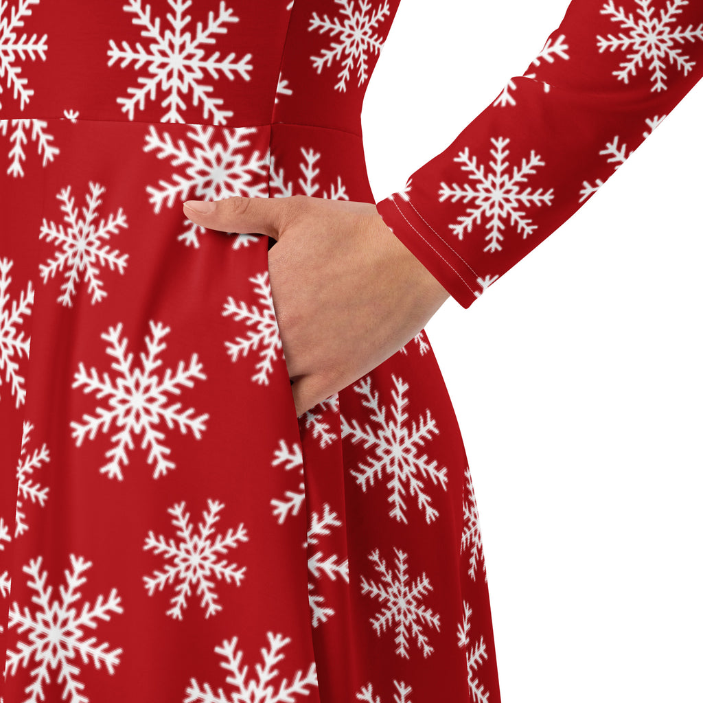 Women’s red long sleeve midi dress with white snowflake pattern and pockets for christmas wear