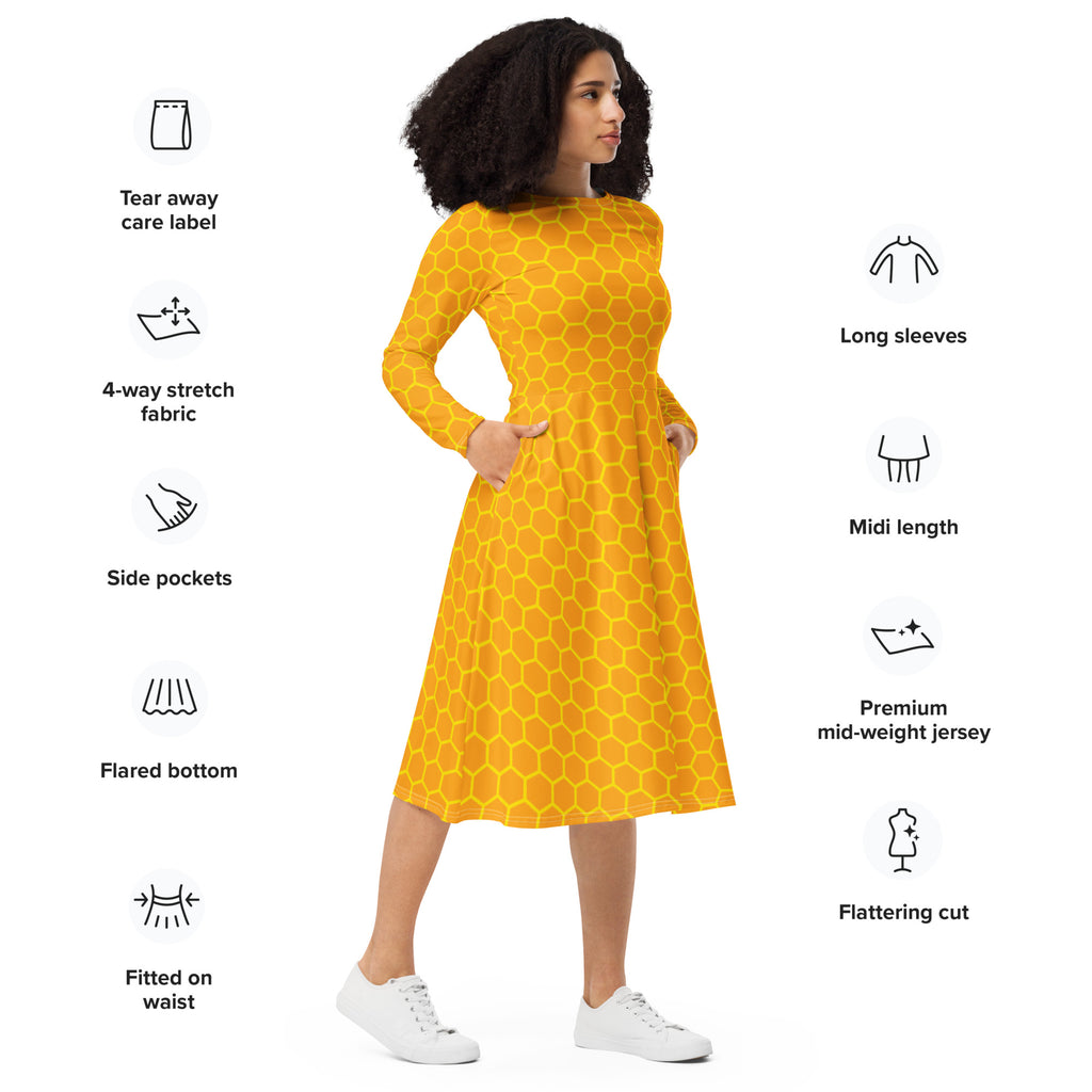 Women's Honeycomb Long Sleeve Midi Dress With Pockets