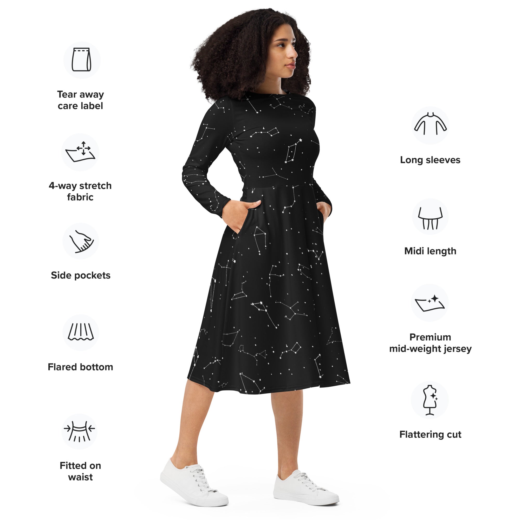 Women’s black midi dress with white realistic constellation print long sleeves and pockets front view